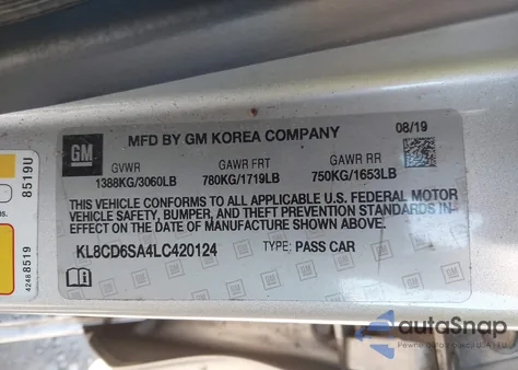 2020 Chevrolet Spark Fwd 1Lt Automatic из США, поврежденный, VIN KL8CD6SA4LC420124